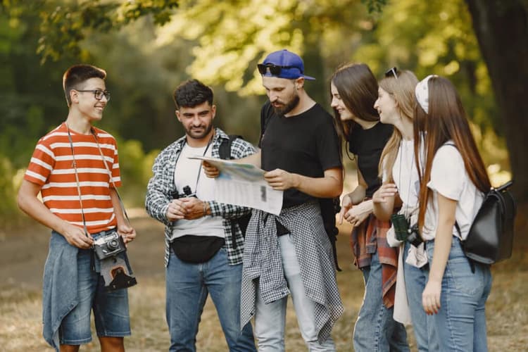 Groups of friends camping in the forest