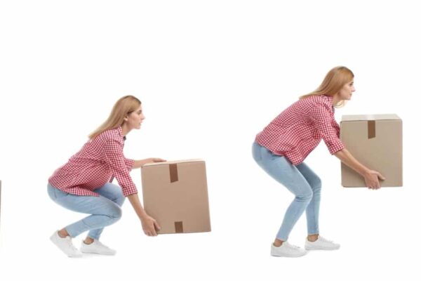 Collage of woman lifting heavy cardboard box on white background. Posture concept