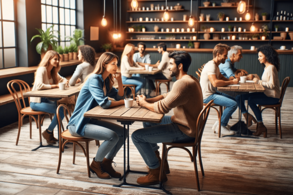 DALL·E 2023-12-18 17.04.10 - A casual speed dating event set in a cozy cafe environment. The setting features small, rustic wooden tables, each hosting a pair of individuals diver