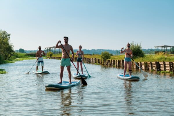 Groep vrienden met SUP boards op het water